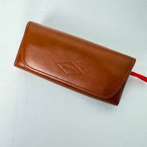 Fossil Tan Leather Eyeglass Case Blue Felt Lining Red Pull Tab Logo Accessory